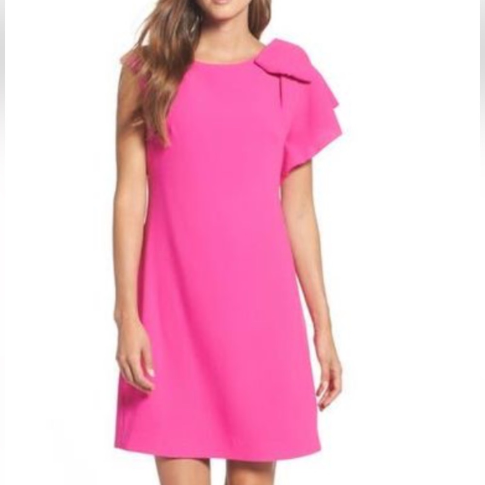 ELIZA‎ J Black Bow Ruffle Drape One Shoulder Stretch Crepe Cocktail Shift…